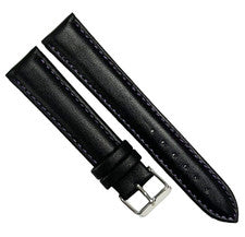 Correa de reloj negra lisa con puntadas moradas cuero genuino acolchada 20 mm