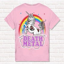 Camiseta Death Metal Rosa. Unicornio muerto y arco iris.