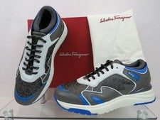 $795 ZAPATILLAS GANCINI FERRAGAMO NOW GRIS AZUL BLANCO CUERO 9.5 M ITALIA