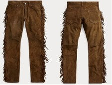 Hombres Estilo Occidental Vaquero Gamuza Cuero Pantalón Pierna Completa Lateral Flecos Estilo - Marrón
