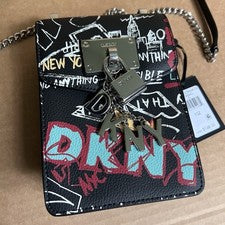 Bolso Bandolera de Cuero DKNY Elissa Teléfono Cadena Correa Negro Graffiti con Cerradura