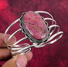 Brazalete ajustable de plata de ley 925 hecho a mano con piedras preciosas de rodonita joyería