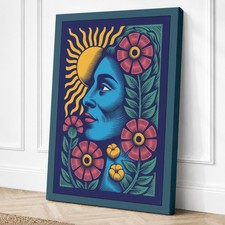 Figura Azul con Flores Boho Lienzo Impresión Arte de Pared Decoración del Hogar Listo para Colgar