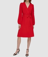 Vestido Tommy Hilfiger Para Mujer Rojo Sobrepelliz Manga Blusa Autoatado Talla 2