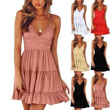 Vestidos informales sin mangas con tirantes y volantes cuello en V informales de moda para mujer