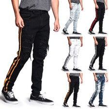 Pantalones de mezclilla ajustados Victorious informales desgastados a rayas dobles para hombre DL1140