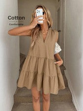 Minivestido casual color caqui con volantes y bolsillos