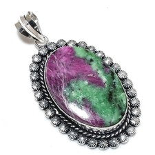 Colgante de joyería de plata esterlina maciza 925 hecho a mano con piedras preciosas de zoisita de rubí regalos