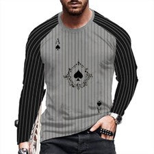 Camiseta Hombre Moda Raya As De Picas De Póquer Manga Larga Casual Gris Camiseta