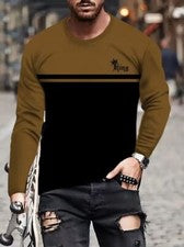 Camiseta Hombres Moda Negro Marrón Color Bloque Manga Larga Ropa Calle Camisetas