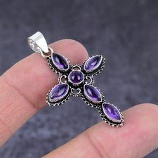 Colgante Cruz Regalo Plata Esterlina 925 Piedras Preciosas Amatista Salvia 1.81" q816
