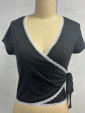 Camiseta lisa de longitud regular para mujer diseño de cintura con ribete de encaje de elasticidad media