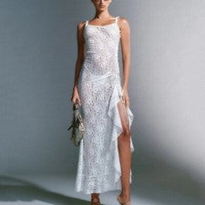 Sexy Vestido Plisado Para Mujer Moda Blanco Camisola Una Pieza Encaje Transparente
