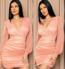 NUEVO Mini Vestido Para Mujer Moda Manga Larga Fruncido Tejido Metálico Club Ropa de Fiesta