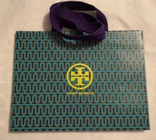 Bolsa de regalo de compras de papel Tory Burch azul 12”x9” pulgadas asas de tela púrpura
