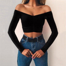 Sexy Camisetas ajustadas al hombro descubiertas ultracortas Moda para mujer Calle ceñidas al cuerpo