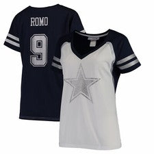 Camiseta para mujer TONY ROMO Dallas Cowboys estilo jersey estrás brillo #9