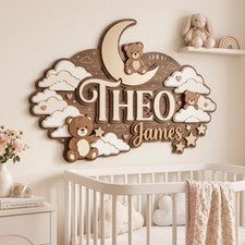 Letrero con nombre de madera celeste personalizado, placa de madera para guardería de nube, regalo para bebé