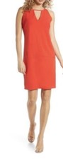 Vestido recto Sam Edelman para mujer rojo coral crepé ojo de cerradura sin mangas 10 NUEVO 1311