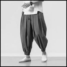 Nuevos Pantalones Harén de Moda para Hombres Sueltos Estilo Grande Algodón y Lino Alto.