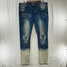 Pantalones de mezclilla ajustados KDNK para hombre 36x32 azul oscuro pintura envejecida salpicaduras tinte KND4431