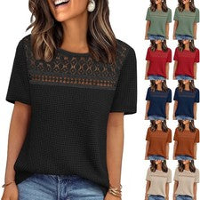 Camisas de verano para mujer cuello redondo tela de fibra de poliéster patrón de color liso
