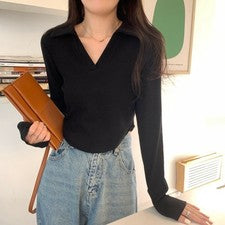 Top informal de manga larga para mujer cuello solapa tela de poliéster otoño invierno