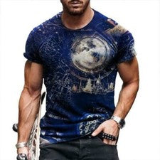 Camiseta Hombre Moda Azul Planeta Gráfico Fitness Manga Corta Camiseta Suave