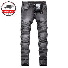 Pantalones de mezclilla elásticos de pierna recta elásticos para hombre estilo motocicleta rasgados