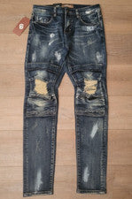 Pantalones de mezclilla Crysp Denim desgastados rasgados pintura envejecida azul para hombre 30x34