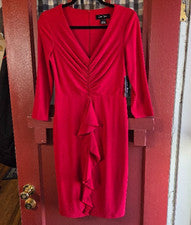 Vestido para mujer Jessica Howard rojo manga larga volantes delantero cuello en V talla 6 nuevo con etiquetas