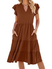 "Vestido de verano para mujer, cuello en V, manga corta, largo midi, fluido St9615"