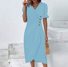 Vestido de verano para mujer azul estilo envolvente manga corta / XL