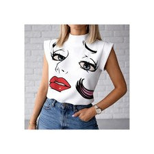 Camisa informal sin mangas con estampado gráfico de mujer con cuello falso de moda