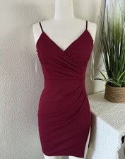 Mini Vestido Moda Boutique Para Mujer Borgoña Cami Acanalado Club/Fiesta Talla Pequeña