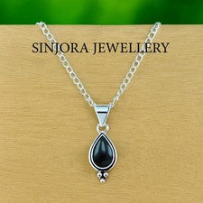Colgante hecho a mano de plata de ley 925 con piedras preciosas de ónix negro de 18""