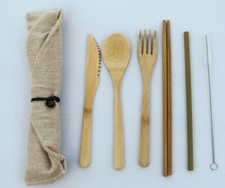 Juego de cubiertos de bambú, juego de utensilios reutilizables de bambú, utensilios de viaje verdes 7 piezas