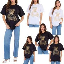 Camiseta para mujer brillante brillo oso gran tamaño manga corta pulóver verano