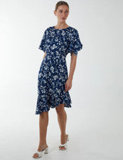 Vestido midi de verano informal de satén floral con dobladillo peplum campana mangas cortas para mujer