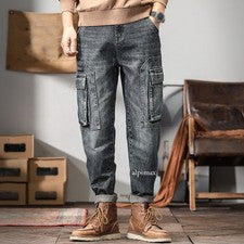 Mono suelto de mezclilla clásico para hombre Jeans Bolsillos Pantalones cargo Moda Retro Informal
