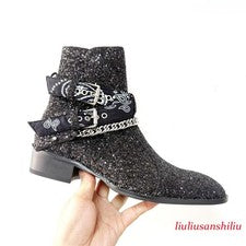 Chelsea Botas Para Hombres Botines Lentejuelas Cadena Hebilla Cuero Punta Zapatos