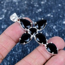 Colgante Cruz Ónix Negro, Plata de Ley 925 Hecho a Mano Joyería Regalo