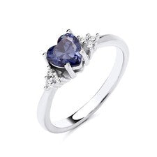 Anillo de compromiso solitario de plata de ley 925 simulado de tanzanita y circonita cúbica talla K-S
