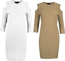 Vestido midi para mujer liso corte frío hombro tejido acanalado ceñido al cuerpo damas