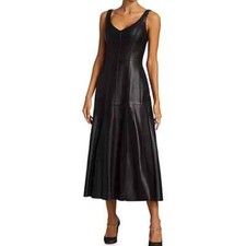 Elegante Vestido Para Mujer Suave Informal Genuino Sexy Ropa de Fiesta Cuero Negro Piel de Cordero
