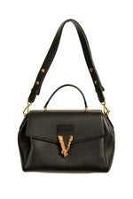 Bolso de hombro Versace para mujer de cuero granulado negro dorado con logotipo en V