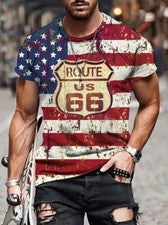 Camiseta Hombres Route 66 USA Bandera Americana Gráfico Manga Corta Rojo Blanco