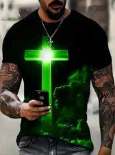 Camiseta Cruz Cristiana Nube Ligero Verde Negro Moda Hombre Manga Corta Suave