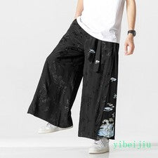 Pantalones chinos de algodón y lino bordados étnicos de pierna ancha para hombre Disfraz Hanfu Tang