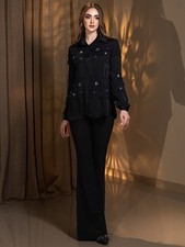 Moda Camisa para mujer negra manga larga encaje cuentas brillantes adornada cuello polo